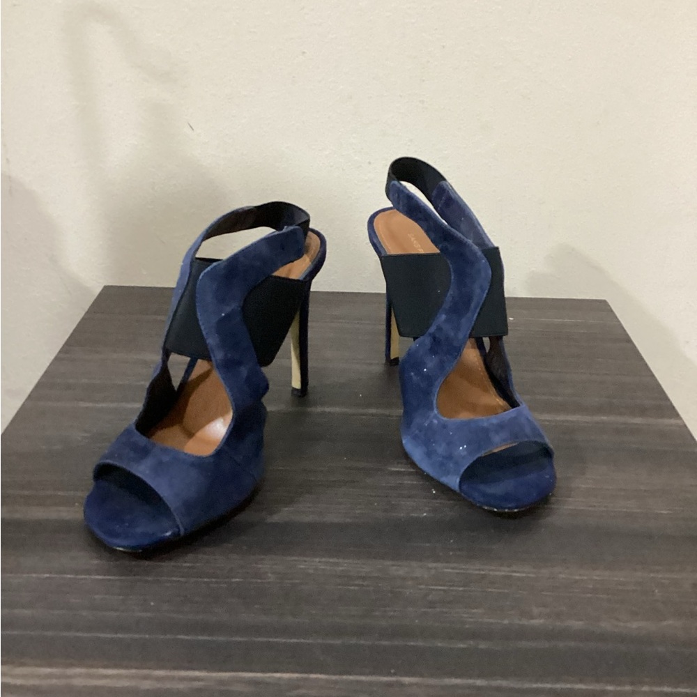SAKS FIFTH AVENUE Blue Suede and Leather High-Heeled Sandals